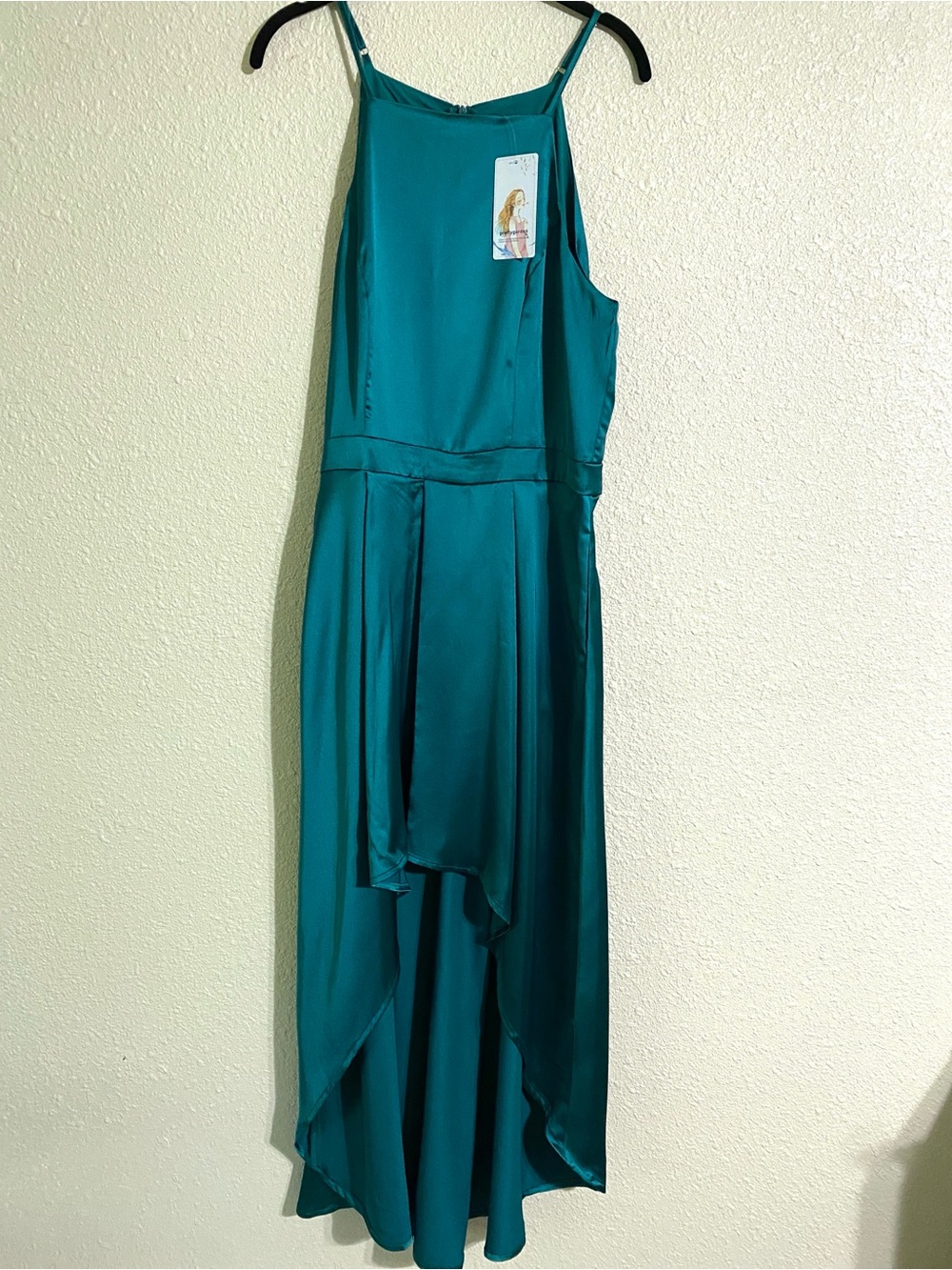 NWT PrettyGarden Green Satin High-Low Dress with Spaghetti Straps Size L
